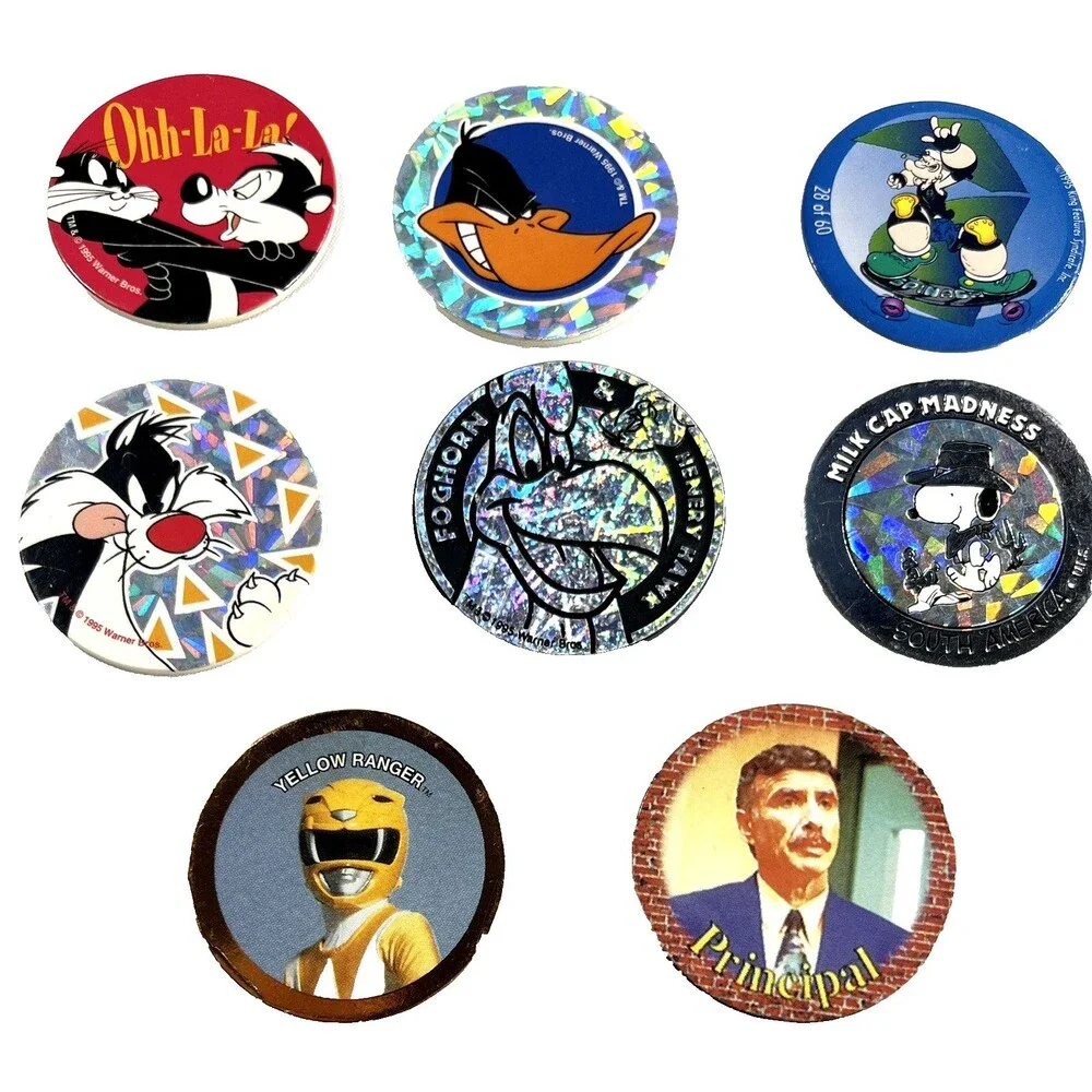 Lot Of 18 Pogs Milk Caps Vintage 1995 Looney Tunes, Power Rangers, Snoopy & More